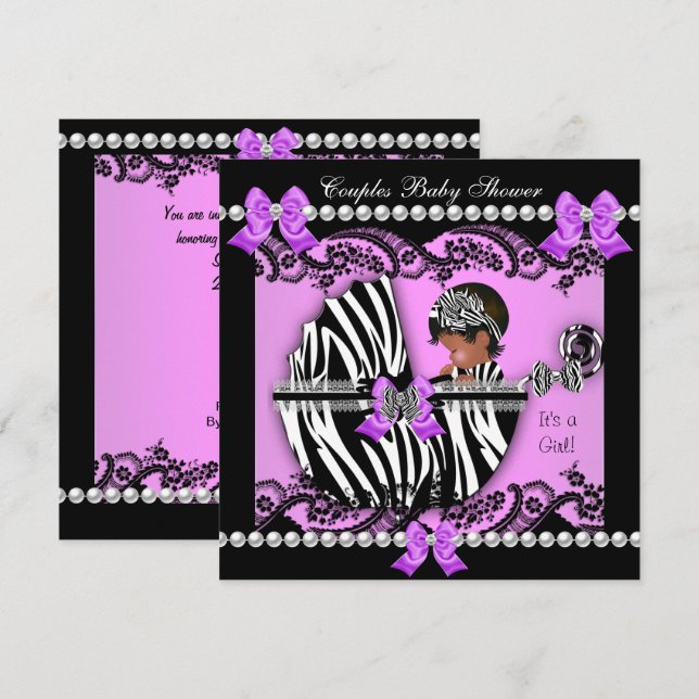 Invitation Baby shower Africain-Américain fille Zebra (Devant / Derrière)