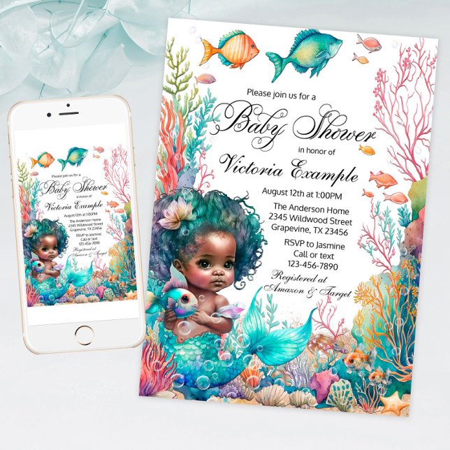 Invitation Baby shower africain des sirènes (Under the sea baby shower invitation with cute African mermaid baby, fish and coral.)