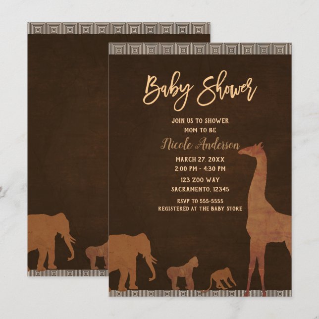 Invitation Baby shower Africain Safari Jungle Zoo Animaux (Devant / Derrière)