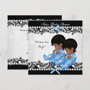 Invitation Baby shower African American Twin Boys bleu