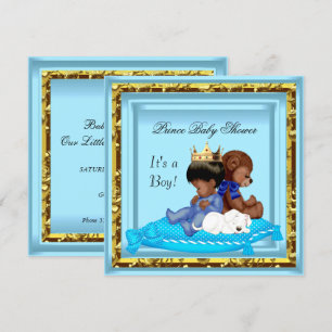 Invitation Baby Shower Afro-Américain Bleu Or Prince Garçon