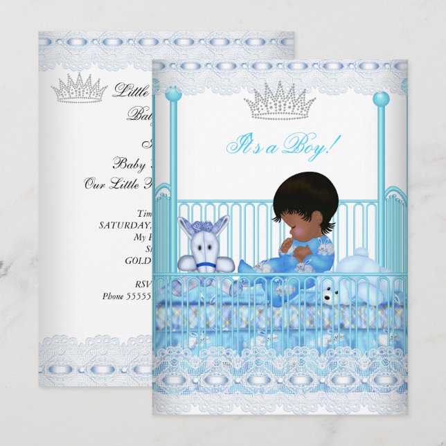Invitation Baby shower afro-américain Blue Lace Boy Prince (Devant / Derrière)