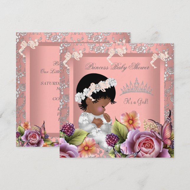 Invitation Baby shower afro-américain fille corail rose rose (Devant / Derrière)