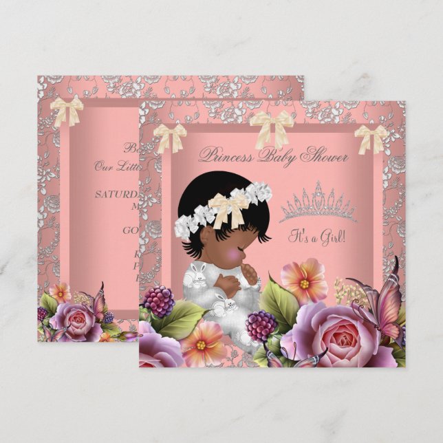 Invitation Baby shower afro-américain fille corail rose rose (Devant / Derrière)