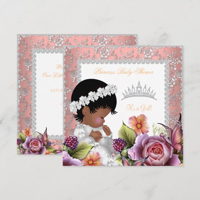 Invitation Baby shower afro-américain fille Rose de corail (Devant / Derrière)
