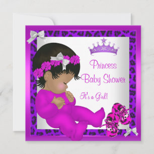 Invitation Baby Shower Afro-Américain Fille Rose Violet Léopa