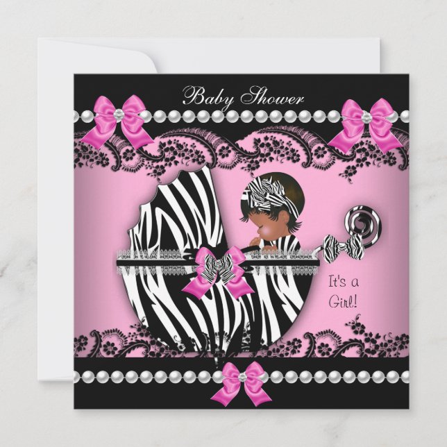 Invitation Baby shower afro-américain fille rose Zebra (Devant)