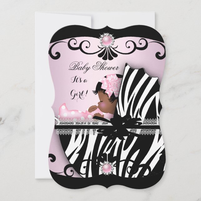 Invitation Baby shower afro-américain fille rose Zebra 4 (Devant)