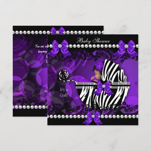 Invitation Baby shower afro-américain fille violet Zebra 2 (Devant / Derrière)