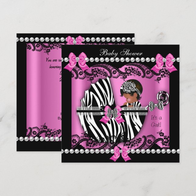 Invitation Baby shower afro-américain mignonne fille rose Zeb (Devant / Derrière)