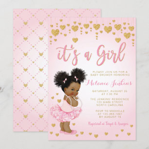 Invitation Baby shower afro-américaine en or rose
