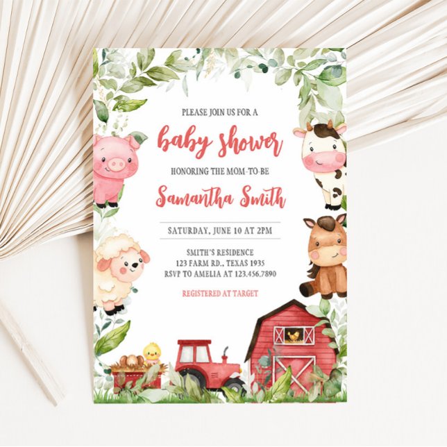 Invitation Baby shower agricole de Red Barnyard (Boy Red Barnyard Animals Baby Shower Invitation)