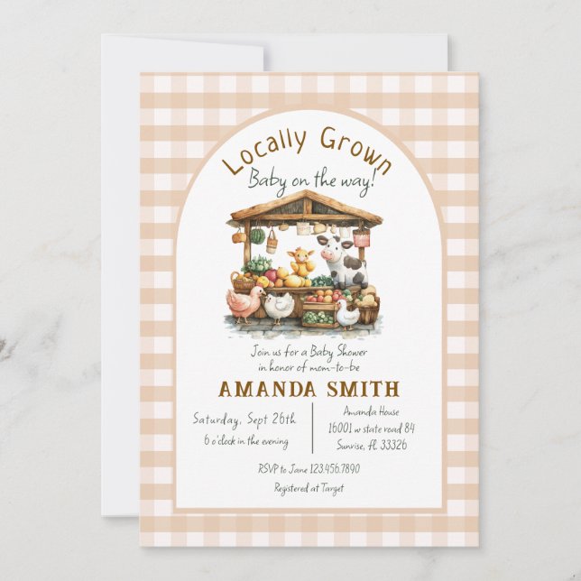 Invitation Baby shower Agricole En vichy marché cultivé local (Devant)
