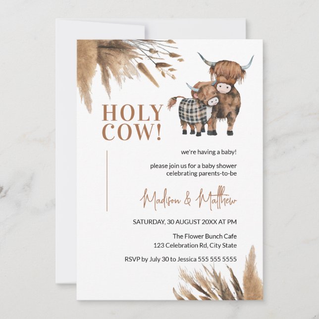 Invitation Baby shower agricole rustique de Holy Cow Pampas (Devant)