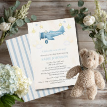 Baby Shower Airplane Cloud Blue Stripes Modern 