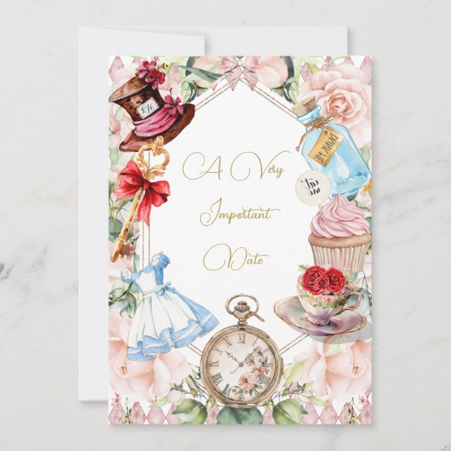 Invitation Baby shower Alice Au Pays Des Merveilles Floral Ro (Devant)
