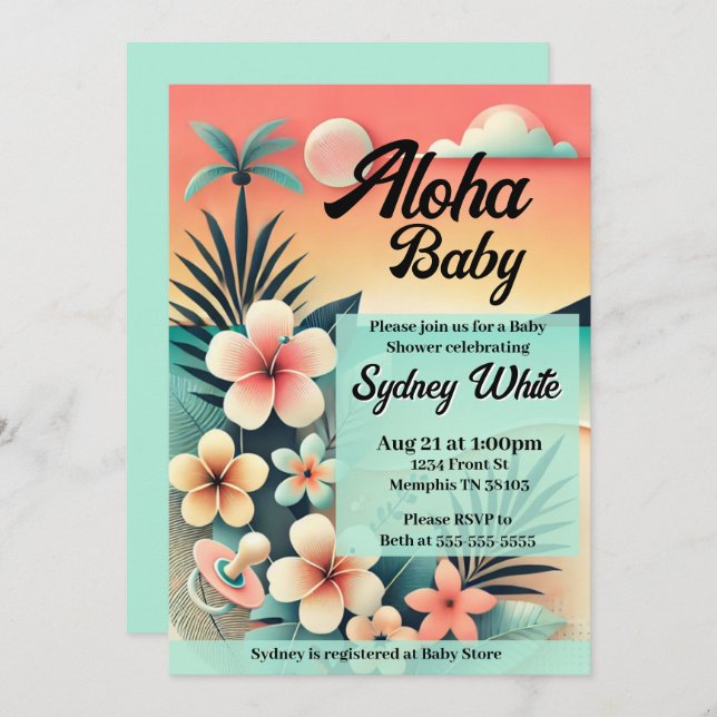 Invitation Baby shower Aloha (Devant / Derrière)