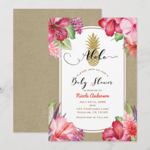 Invitation Baby Shower Aloha Tropical Or Floral Gold Pineappl
