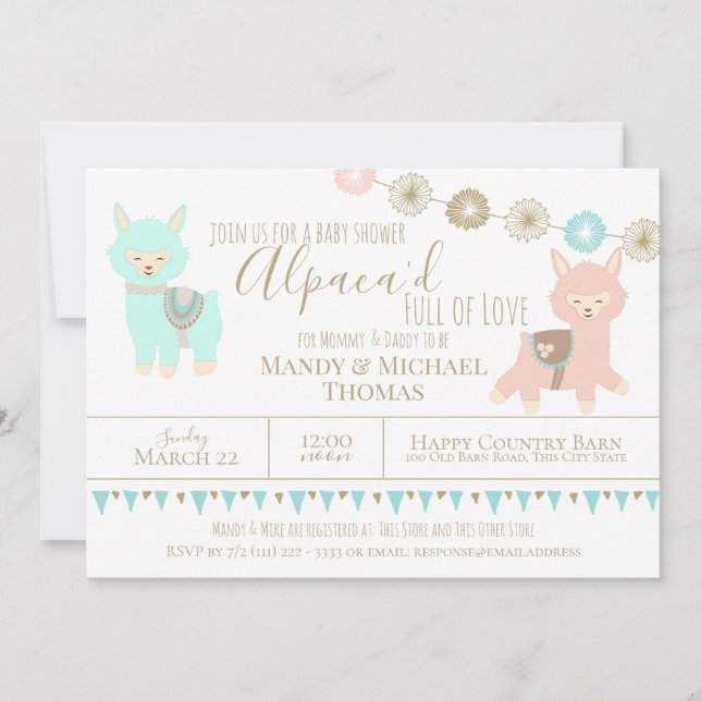 Invitation Baby shower Alpaca empaqueté avec amour Neutre gen (Devant)