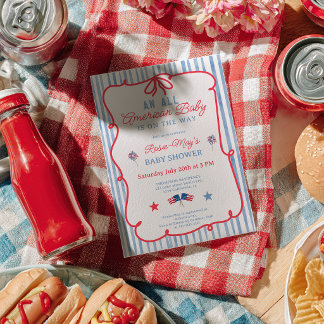 Invitation Baby Shower Américain Tout en Rayures Rouges et Bl
