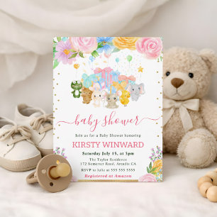 Invitation Baby Shower "Amis Animaux Floraux à l'Aquarelle"
