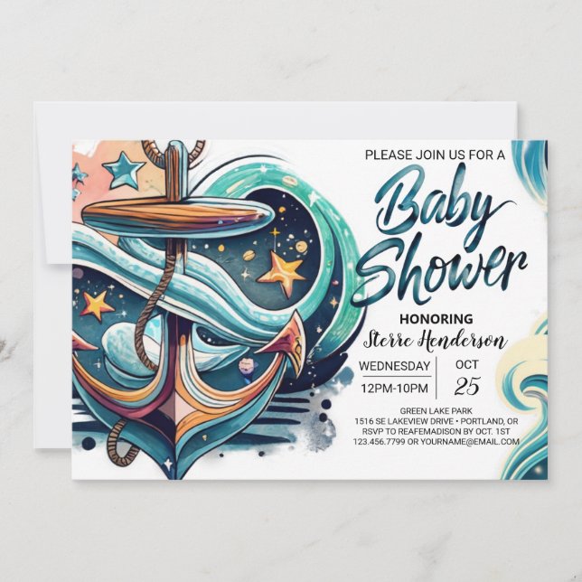 Invitation Baby shower Ancre des vagues chic (Devant)
