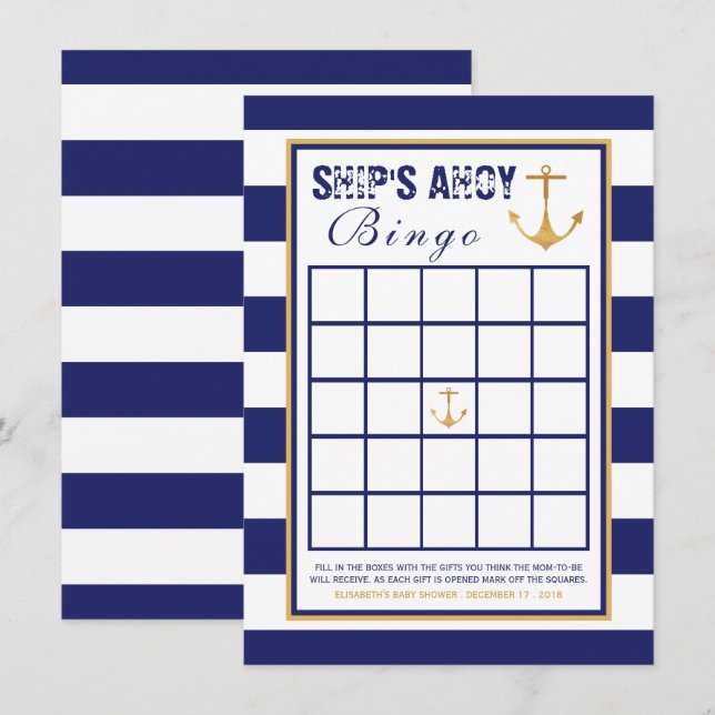 Invitation Baby shower Ancre nautique Bingo (Devant / Derrière)