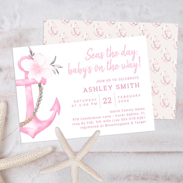 Invitation Baby shower Ancre rose (Pink Floral Anchor Baby Shower)