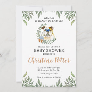 Invitation Baby shower anglais Bulldog Dog Greenery Boho