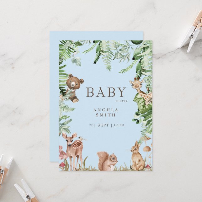Invitation Baby shower animal bleu (Devant/Arrière en situation)