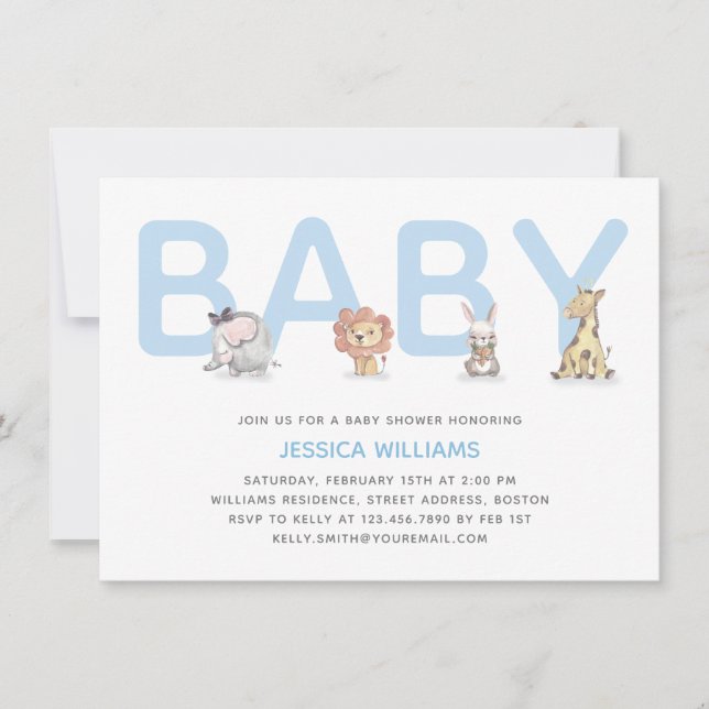 Invitation Baby shower animal bleu moderne (Devant)