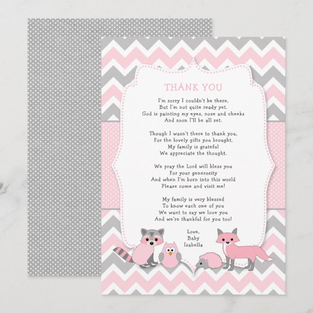 Invitation baby shower animal de forêt rose merci (Devant / Derrière)