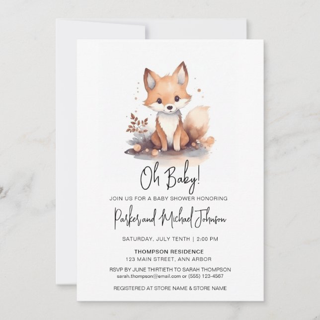 Invitation Baby shower animal de la forêt de renard de bébé (Devant)