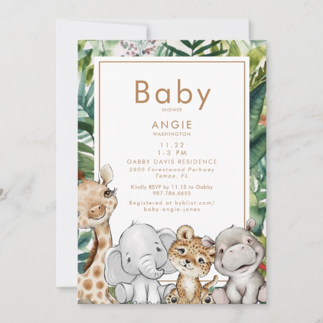 Invitation Baby shower animal de la Jungle de Foliage (Devant)