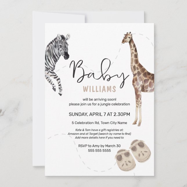 Invitation Baby Shower Animal de Safari Aquarelle  (Devant)