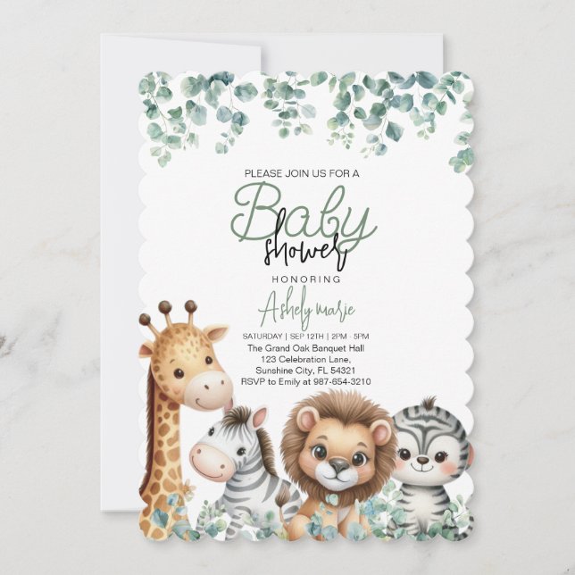 Invitation Baby shower animal, Fleur Eucalyptus (Devant)