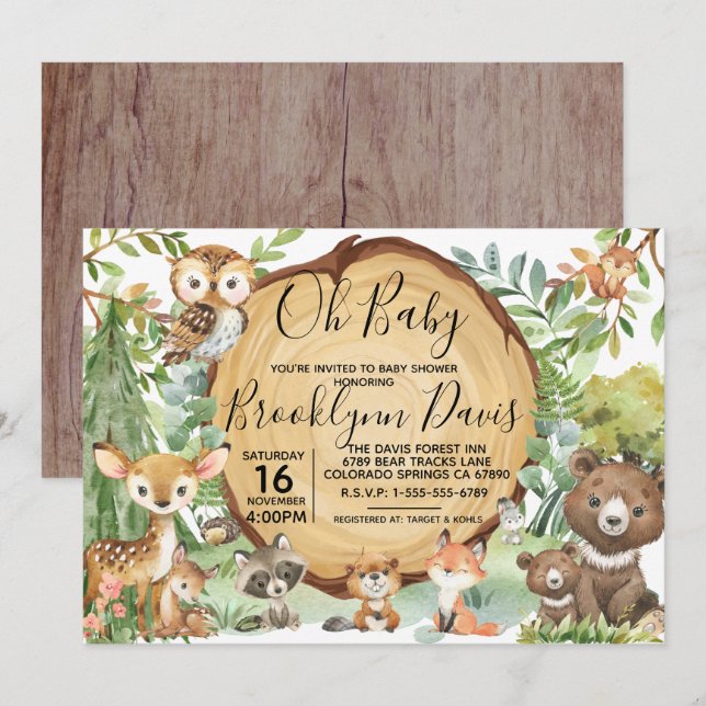 Invitation Baby shower animal forestier (Devant / Derrière)