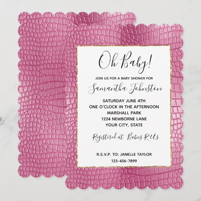 Invitation Baby shower animal rose Faux Alligator (Devant / Derrière)