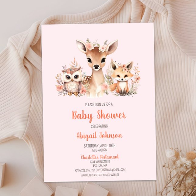 Invitation Baby shower animal rose floral (Boho Blush Pink Floral Woodland Animal Baby Shower, Deer Owl Fox, Baby Girl Shower, Chic Modern)