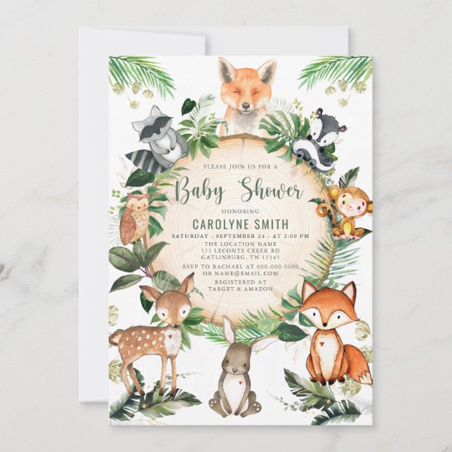 Invitation Baby shower animal rustique vert mou bois (Devant)