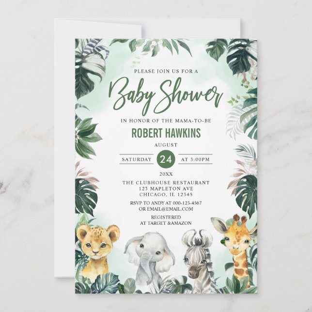 Invitation Baby shower animal sauvage de la Jungle tropicale  (Devant)