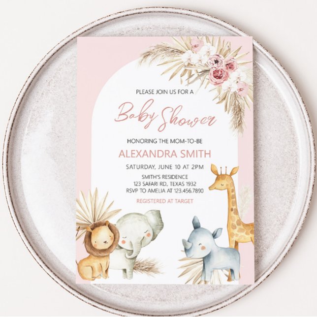 Invitation Baby shower animalier Boho Rose (Girl Safari Animals Baby Shower Invitation)