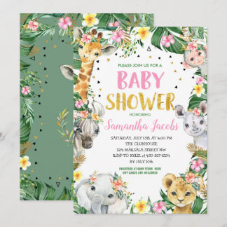 Invitation Baby shower animalier de la Jungle Florale rose