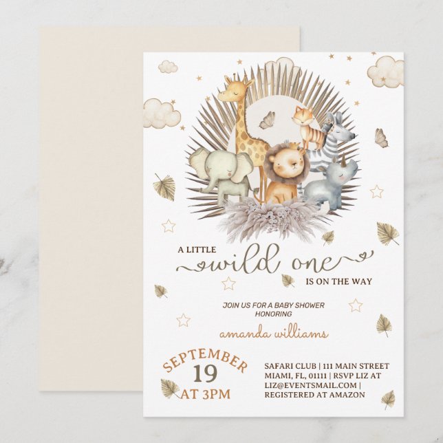 Invitation Baby shower animalier Jungle Safari (Devant / Derrière)