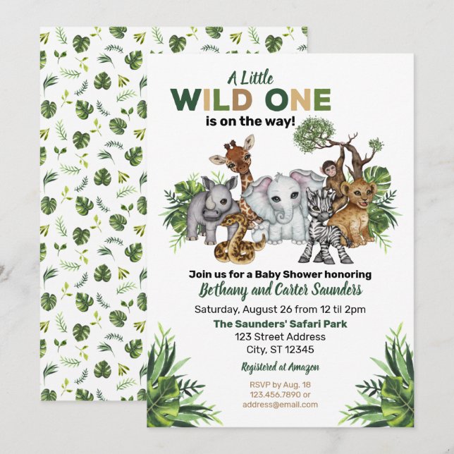 Invitation Baby shower animalier Wild One Safari (Devant / Derrière)