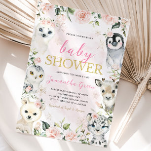 Invitation Baby Shower Animaux Arctiques Hiver Rose