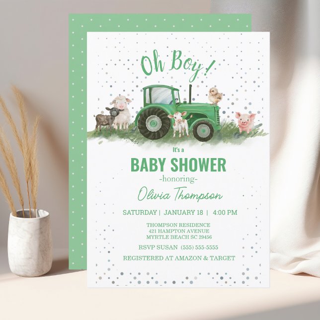 Invitation Baby shower Animaux de ferme Tracteur vert Garçon (Créateur téléchargé)