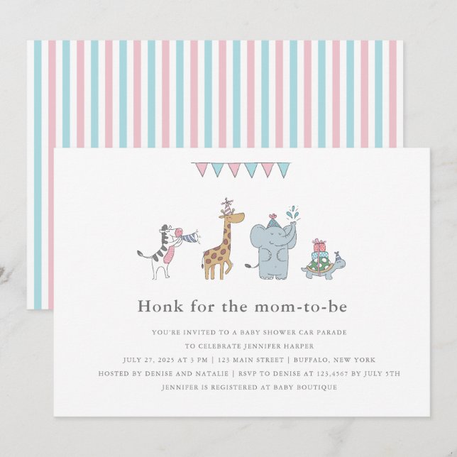 Invitation Baby shower Animaux de fête (Devant / Derrière)