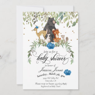 Invitation Baby Shower Animaux de la Forêt Fleur Bleu Garçon