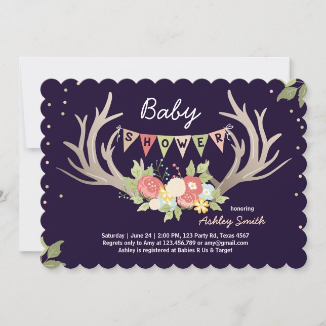 Invitation Baby shower Antler Deer Bois Floral (Devant)